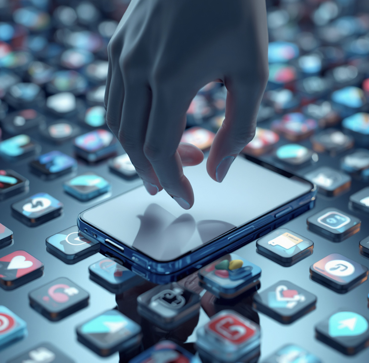 Une main hésite au-dessus de l'écran d'un téléphone, illustrant la fatigue du swipe sur les apps de rencontre.