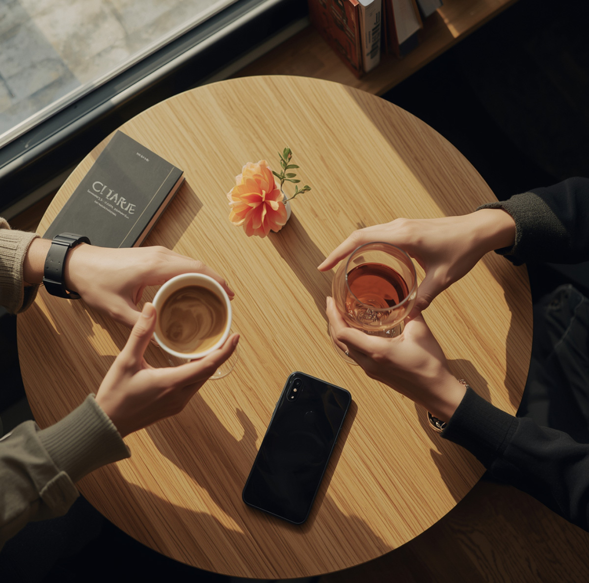 Quatre personnes partagent un moment autour d'une table, téléphones rangés, illustrant le retour aux rencontres en personne.