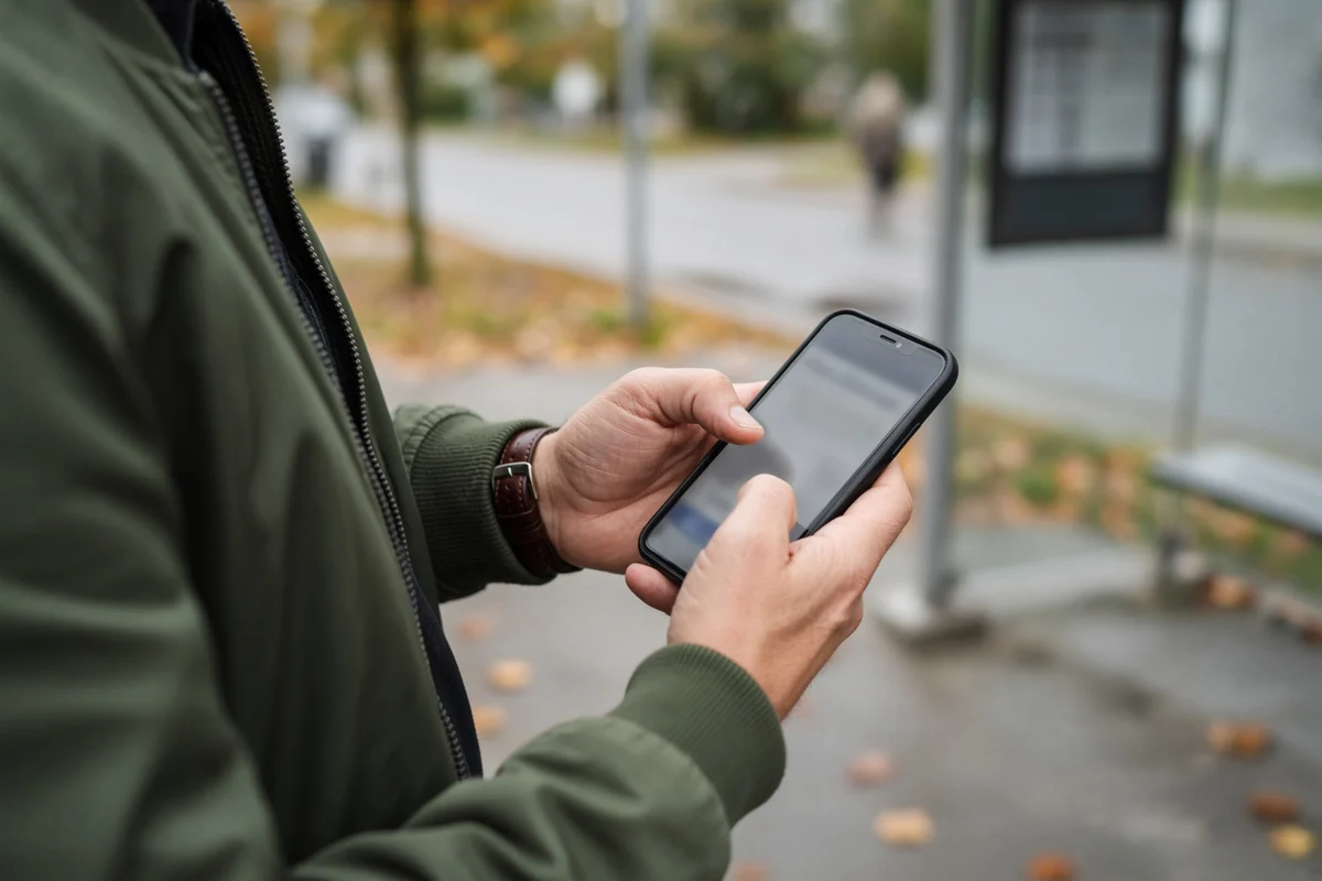 Mains d’un homme tenant un téléphone à un arrêt d’autobus, prêt à écrire un message