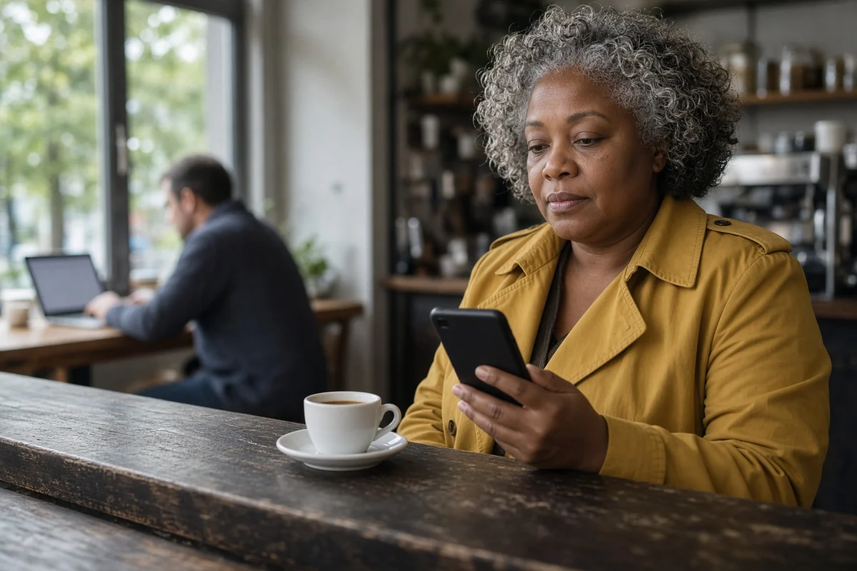 Une femme dans la cinquantaine regarde son téléphone d’un air pensif au comptoir d’un café