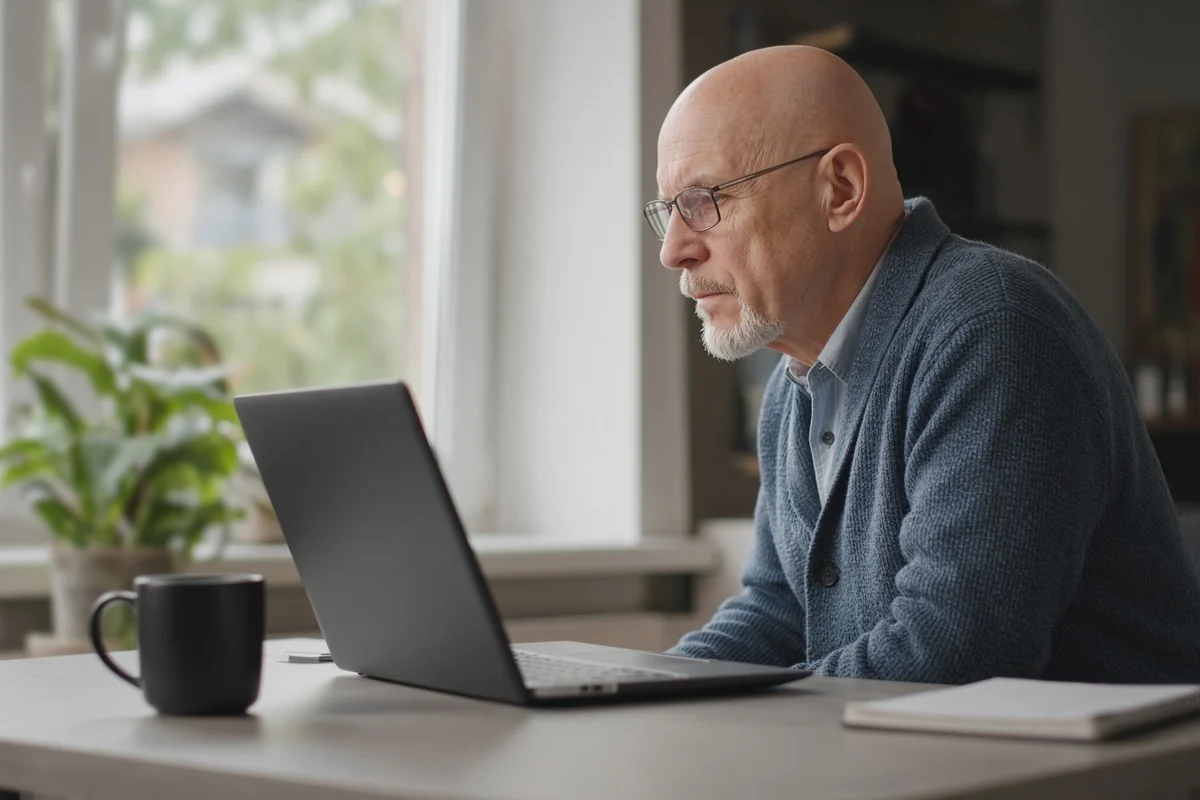 Un homme dans la soixantaine compare des sites sur son ordinateur portable