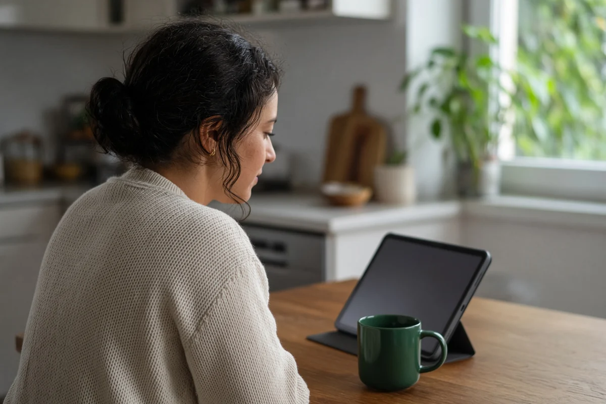 Une femme consulte un relevé bancaire sur sa tablette à la table de cuisine