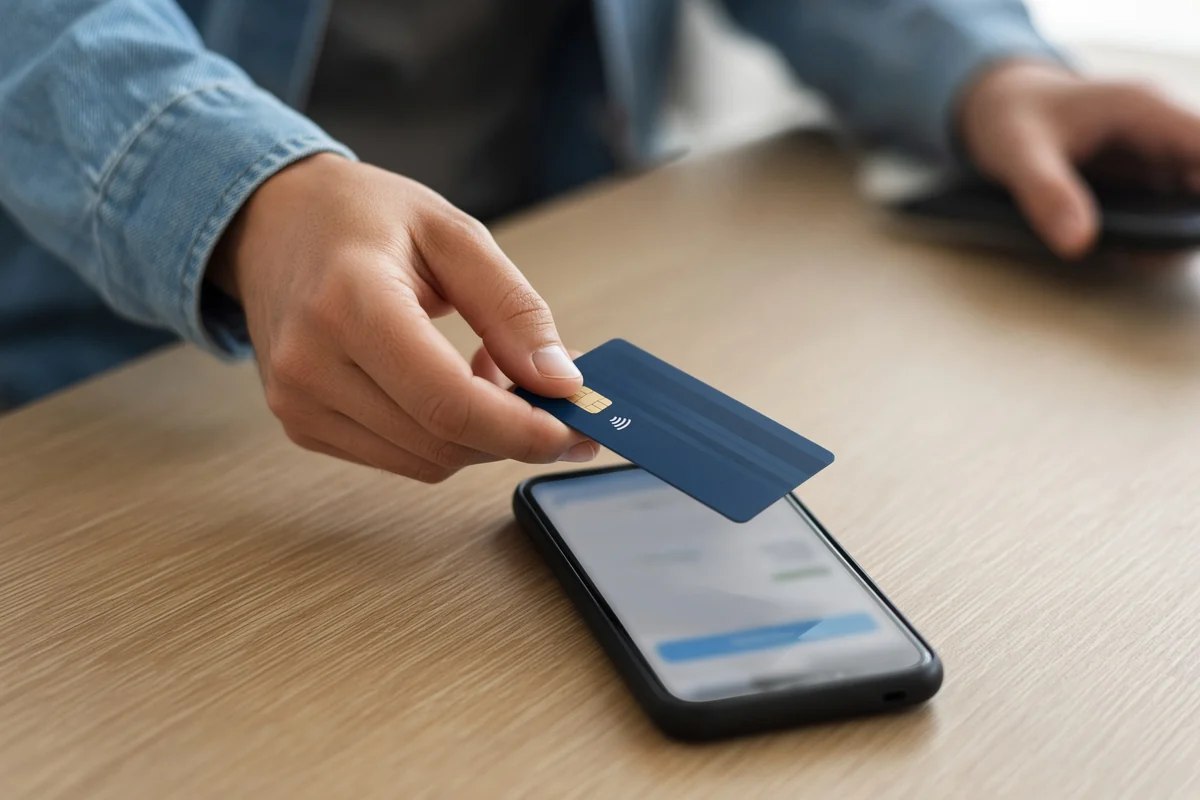 Main tenant une carte bancaire au-dessus d’un téléphone affichant une page de paiement