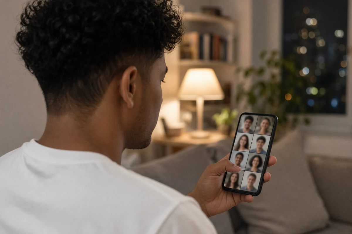 Par-dessus l’épaule, un homme fait défiler une grille de profils flous sur son téléphone