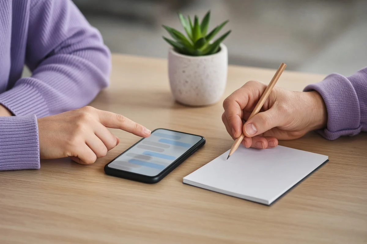 Deux mains : l’une montre une conversation sur un téléphone, l’autre tient un stylo au-dessus d’un bloc-notes