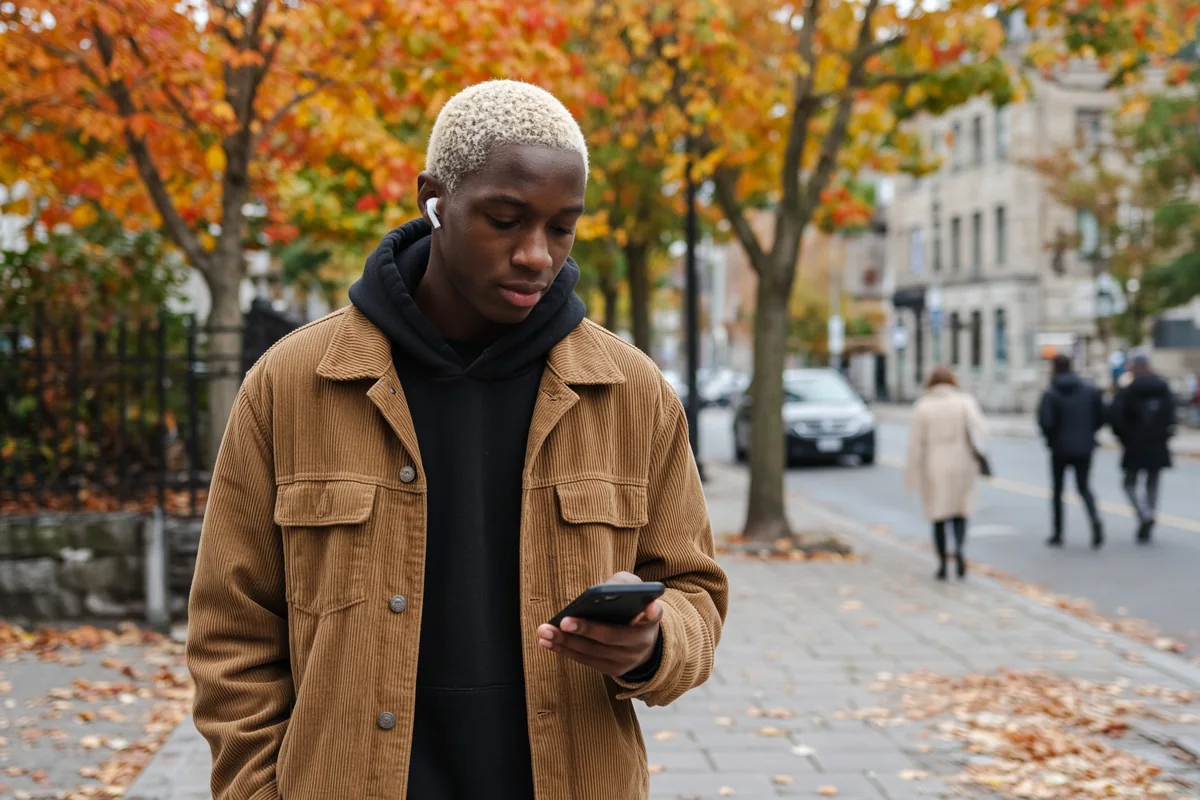 Un jeune homme marche dans une rue de Montréal en automne en regardant son téléphone