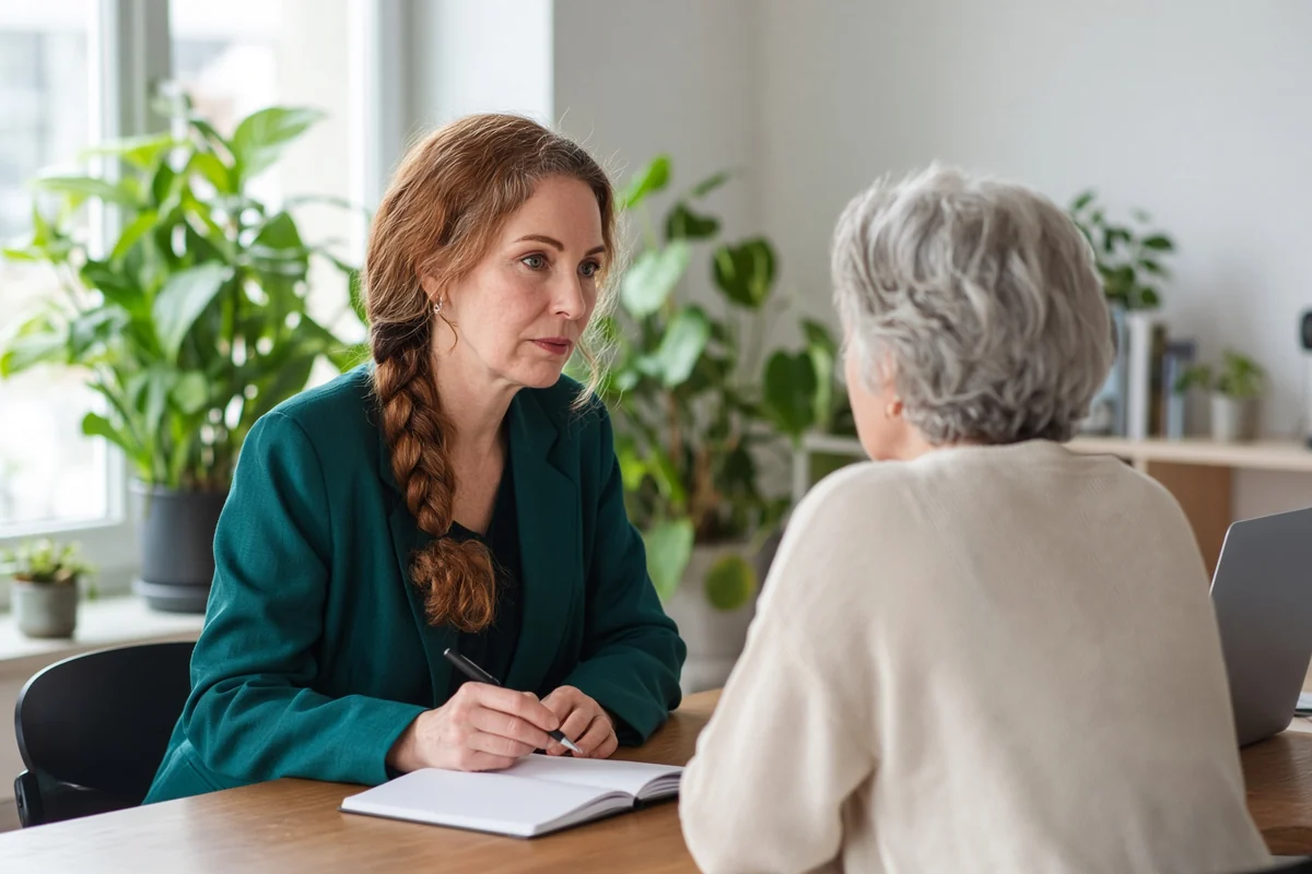 Une femme discute avec une conseillère dans un bureau lumineux d’agence de rencontre