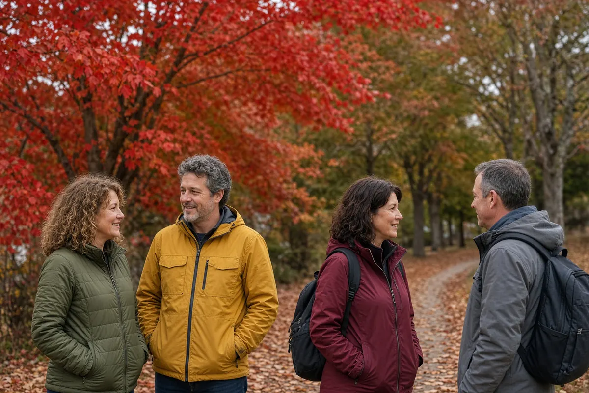 Un petit groupe d’adultes discute pendant une promenade guidée dans un parc en automne
