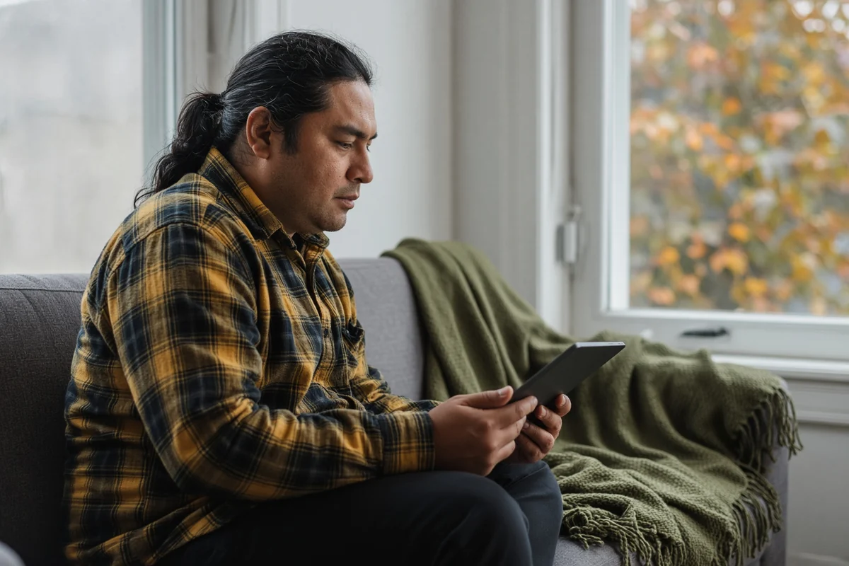 Un homme lit attentivement sur sa tablette, assis sur un canapé
