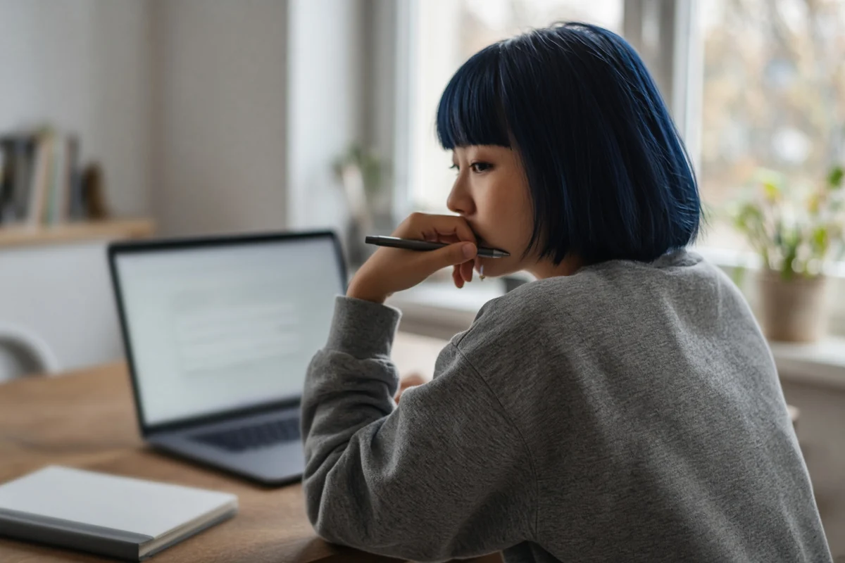 Une jeune femme hésite devant un formulaire d’inscription sur son ordinateur