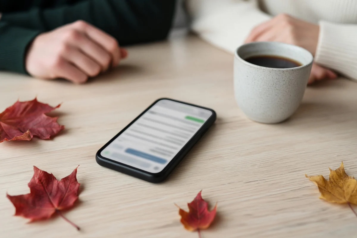 Téléphone affichant une page de prix floue sur une table avec des feuilles d’automne