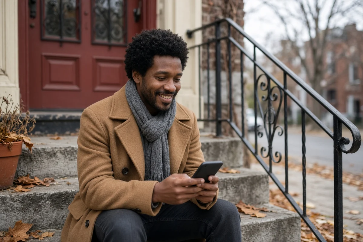 Un homme sourit en regardant son téléphone, assis sur les marches d’un triplex de Montréal