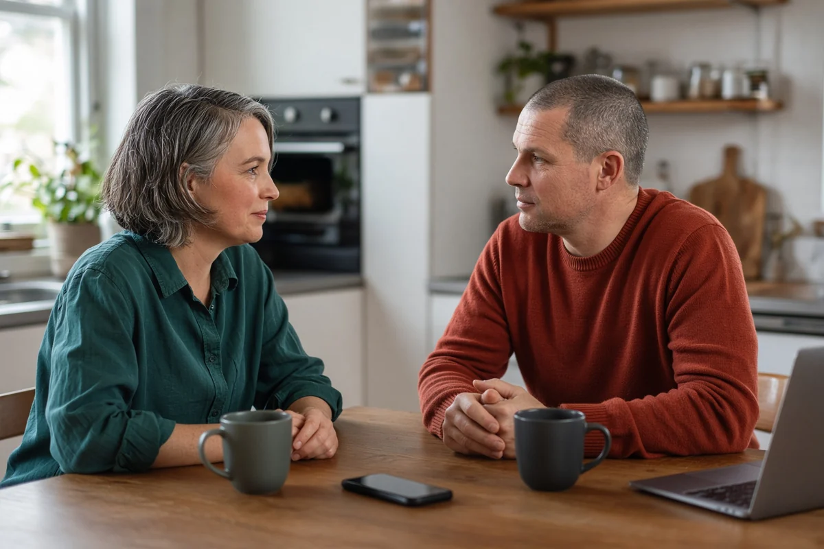 Deux adultes discutent sérieusement à la table de cuisine, un téléphone entre eux