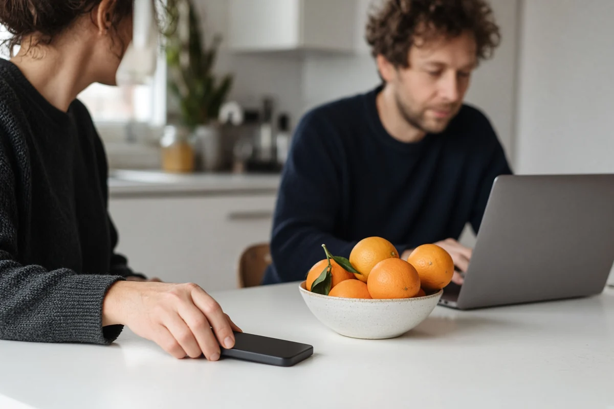 Main qui éteint un téléphone et le pose face contre la table