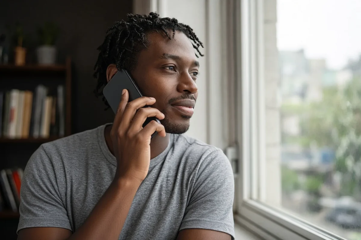 Un jeune homme au téléphone près d’une fenêtre, l’air soulagé